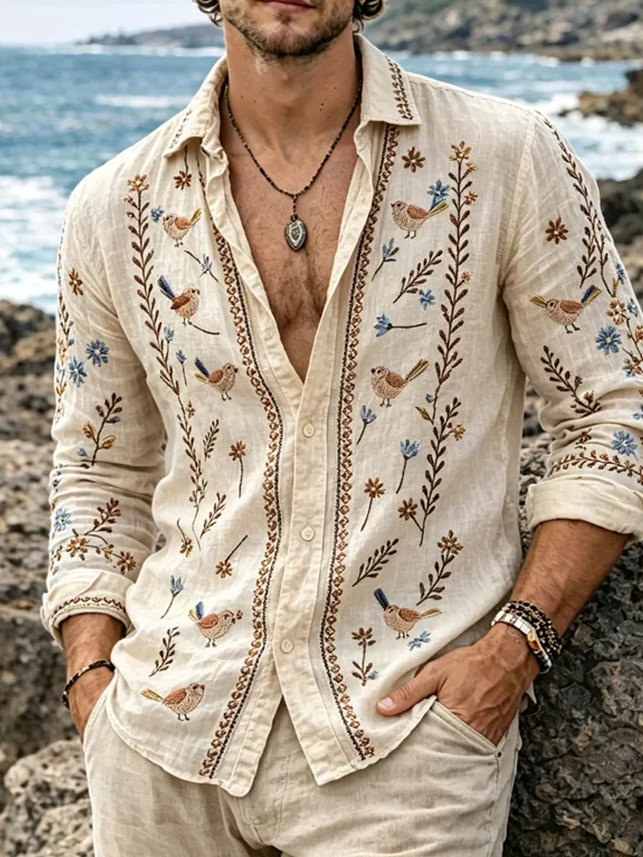 Herren-Retro-Shirt mit abstraktem Kunstprint, lässig, aus Baumwolle-Leinen-Mischgewebe-Mode & Komfort