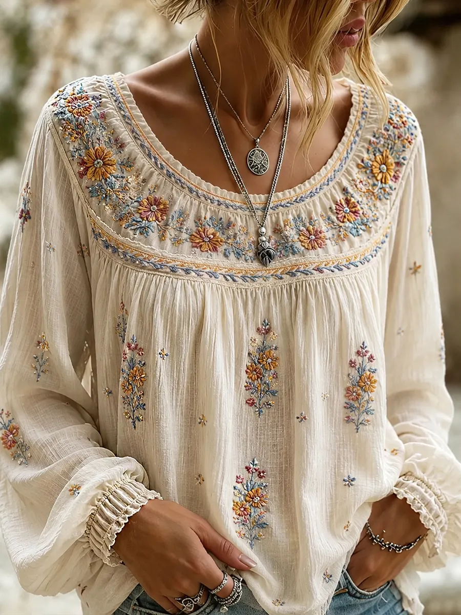 Damen-Top aus Baumwolle-Leinen im Vintage-Stil mit floraler Kunstprint-Optik-Mode & Komfort