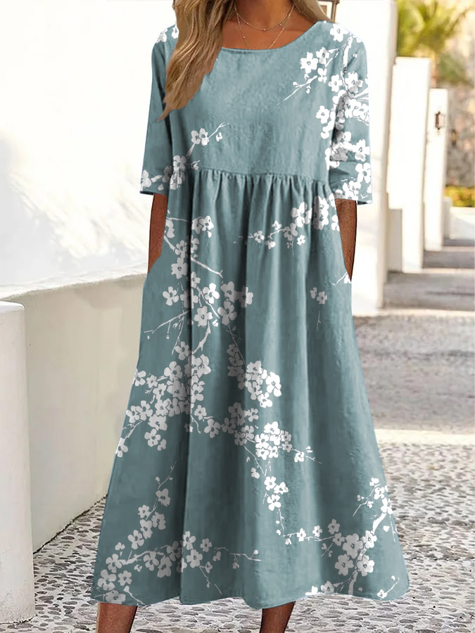 Vintage Midikleid mit Blumenmuster, Rundhalsausschnitt und Taschen-Mode & Komfort