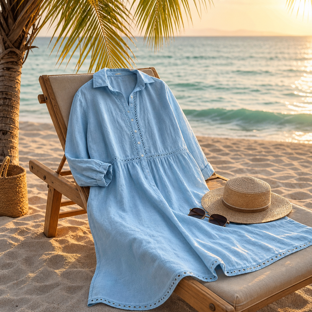 Woman wearing a linen dress with a relaxed fit
