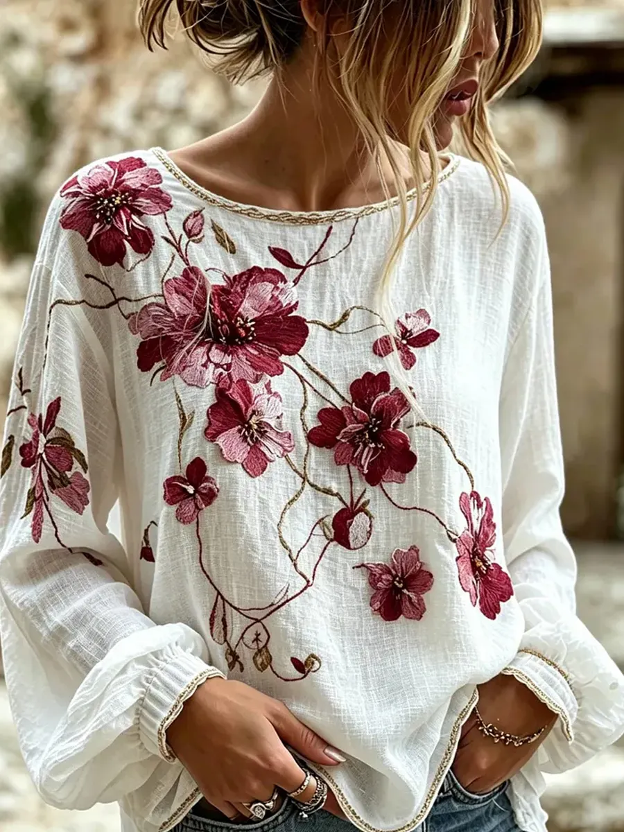Damen-Top im Vintage-Stil mit floraler Kunstprint-Optik, aus Baumwolle und Leinen, lässig-Mode & Komfort