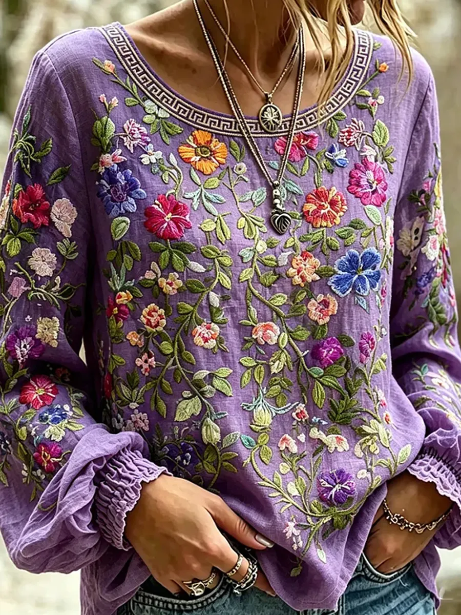 Retro floraler Kunstdruck lässiges Baumwoll-Leinen-Top-Mode & Komfort