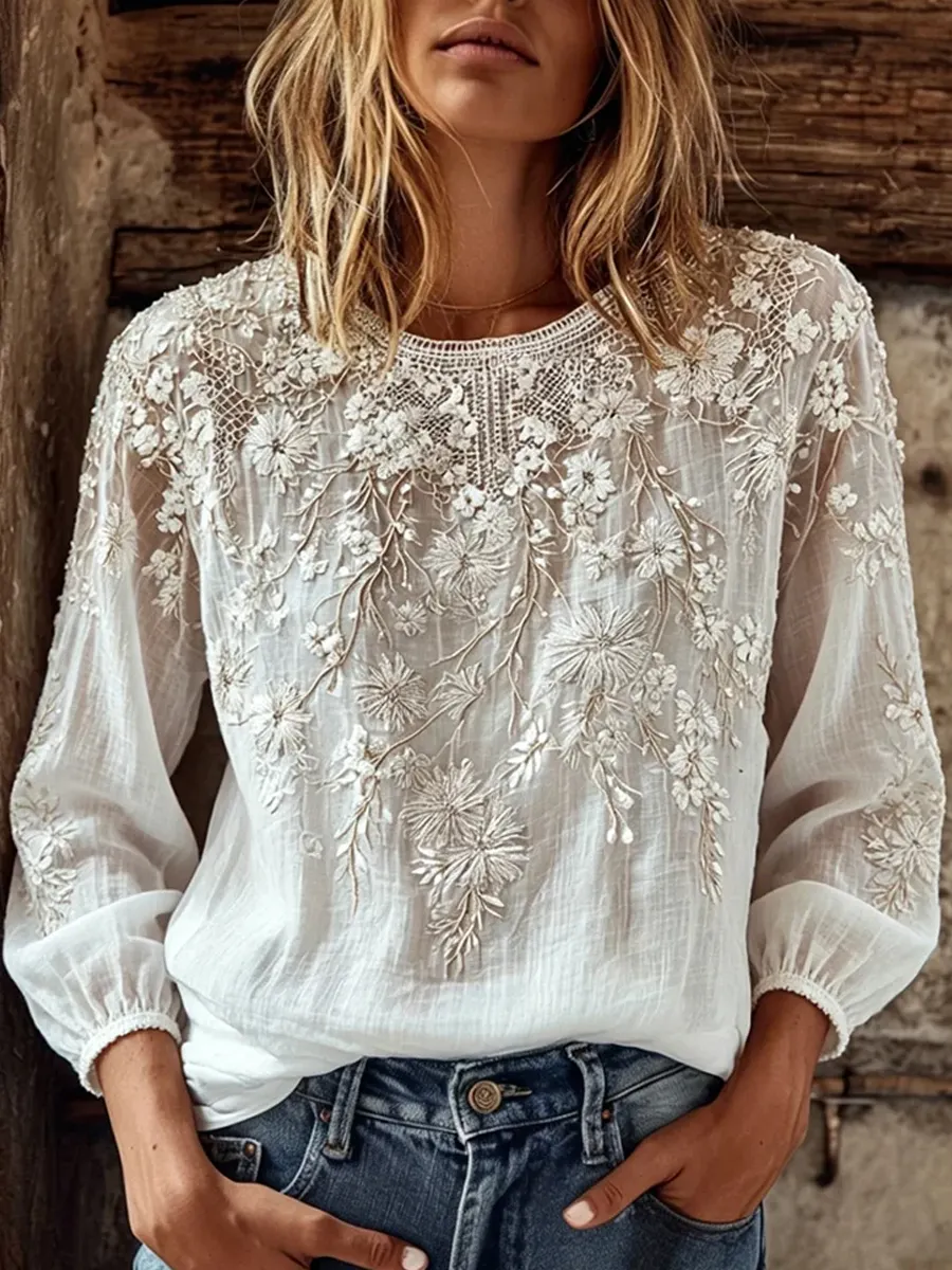 Damen-Top im Vintage-Stil mit floraler Kunstprint-Optik, aus Baumwolle und Leinen, lässig-Mode & Komfort