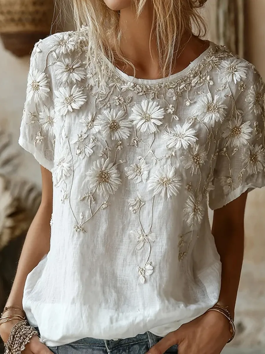 Damen Vintage Blumenkunstdruck Freizeit-T-Shirt-Mode & Komfort