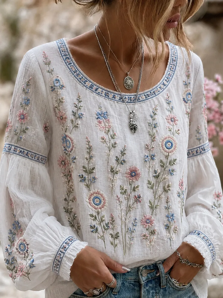 Damen-Vintage-Blumen-Kunstdruck Lässiges Baumwoll-Leinen-Top-Mode & Komfort