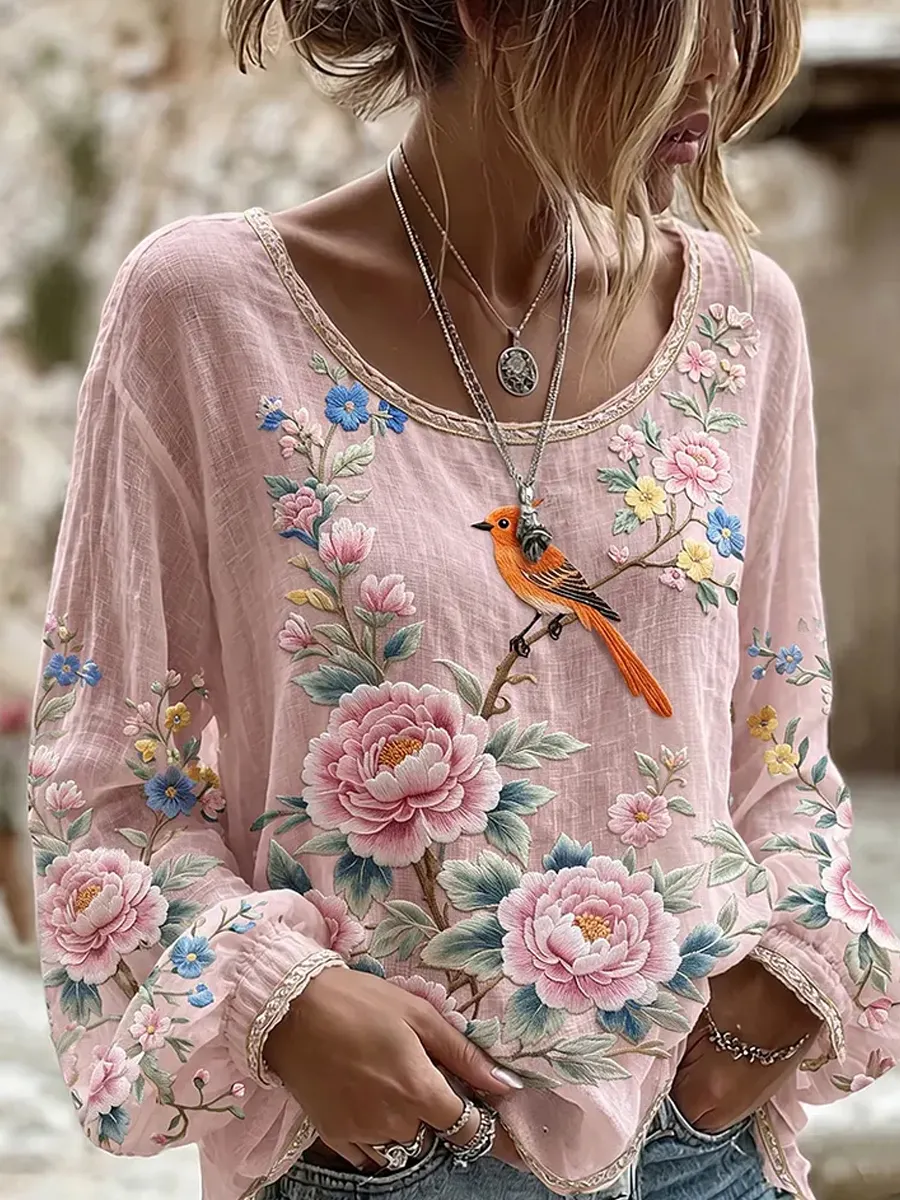 Damen-Top im Vintage-Stil mit floraler Kunstprint-Optik, aus Baumwolle und Leinen, lässig-Mode & Komfort