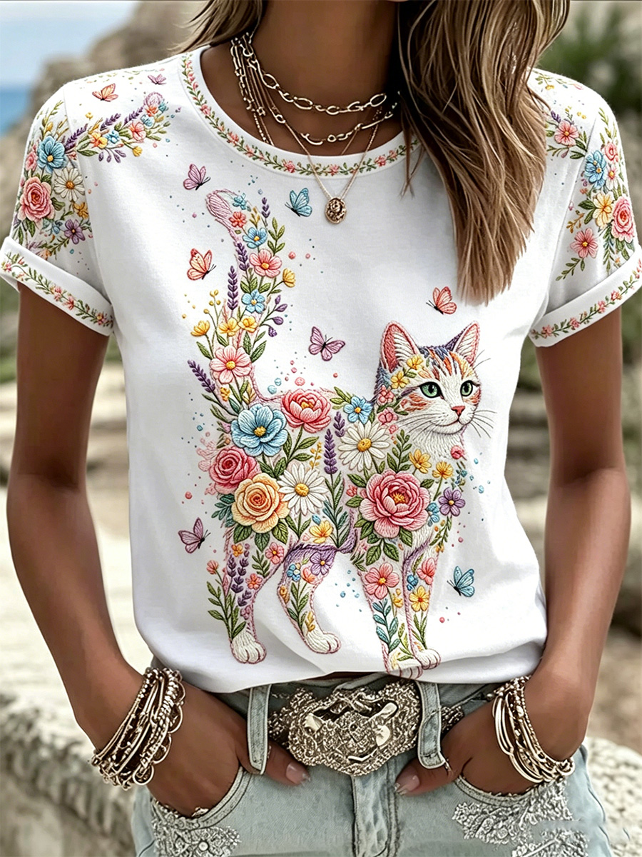 Damen-Floral-Katzen-Print-Casual-T-Shirt-Mode & Komfort