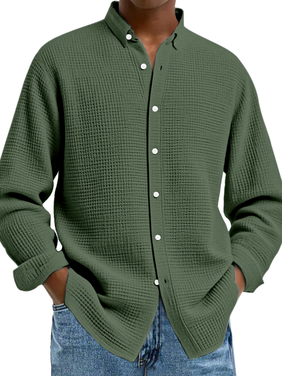Herren Freizeit Einfarbige Waffel Knopf Langarmshirt-deurabatt