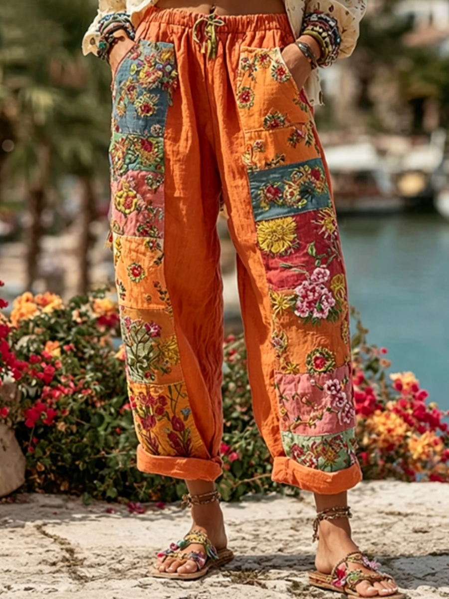 Damenhose im Boho-Stil mit floraler Stickerei, Kontrastfarben und Leinenanteil, lässig-Mode & Komfort