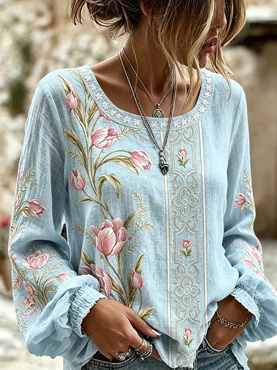 Damen-Top im Vintage-Stil mit floraler Kunstprint-Optik, aus Baumwolle und Leinen, lässig-Mode & Komfort