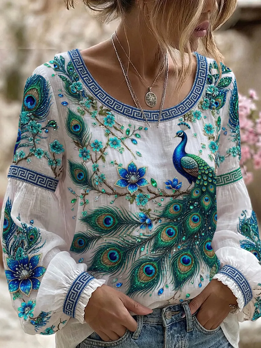 Damen-Top im Vintage-Stil mit floraler Kunstprint-Optik, aus Baumwolle und Leinen, lässig-Mode & Komfort
