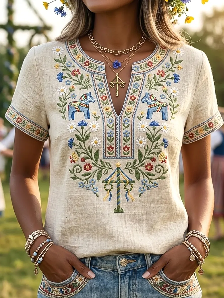 Damen Retro schwedisches Mittsommer-Blumen lässig V-Ausschnitt T-Shirt-Mode & Komfort