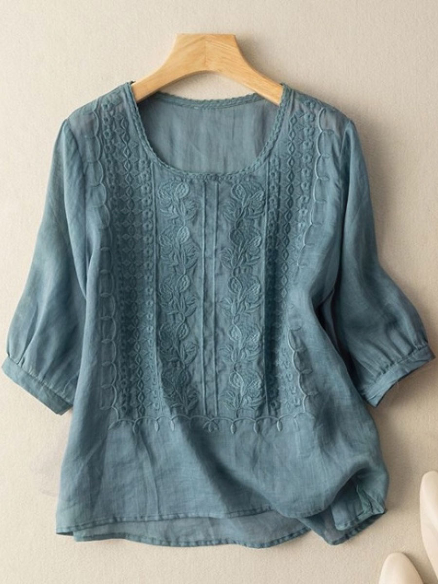 Damen-Floral-Baumwoll-Leinen-Freizeit-T-Shirt-Mode & Komfort