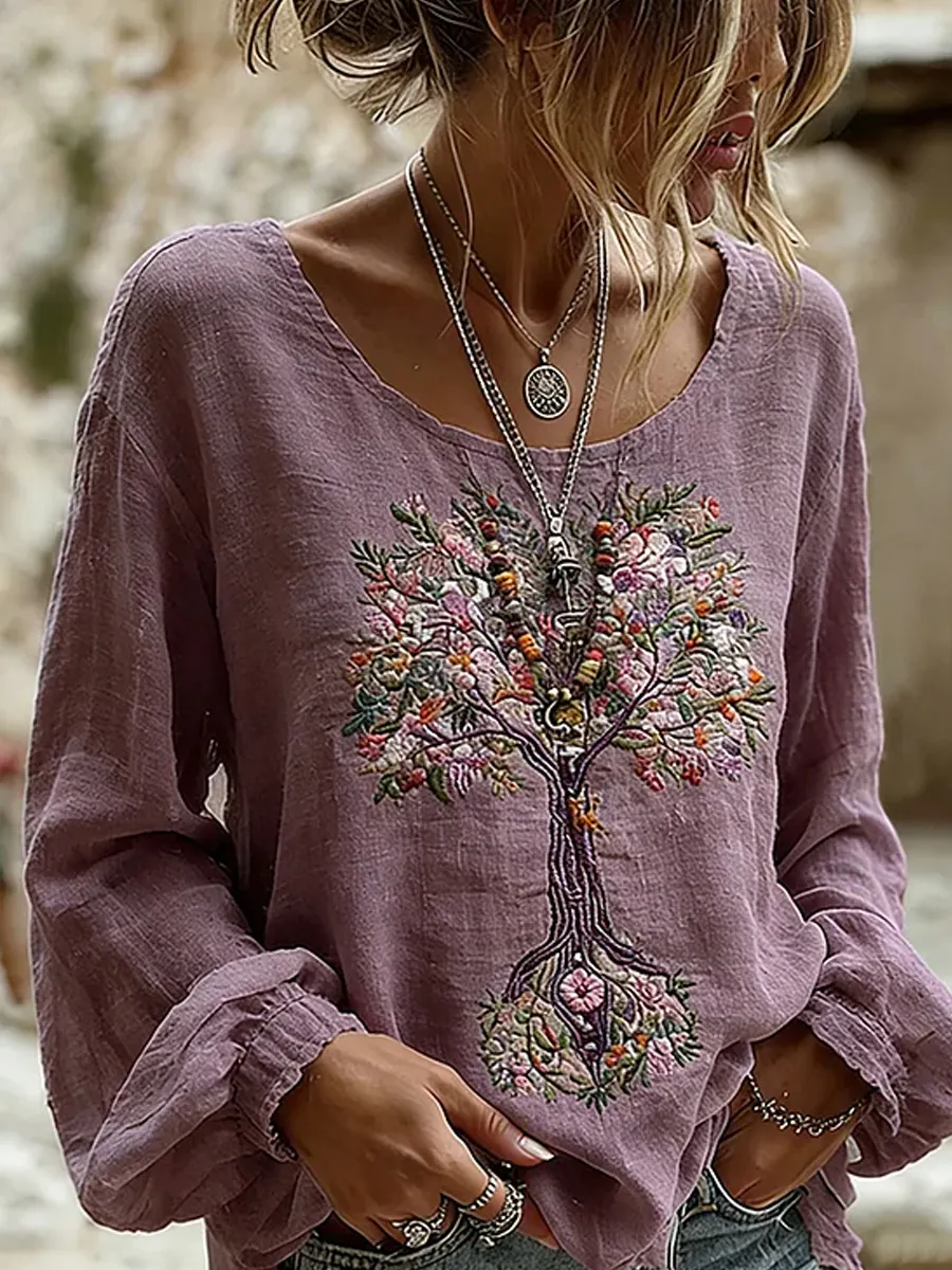 Damen-Top im Vintage-Stil mit floraler Kunstprint-Optik, aus Baumwolle und Leinen, lässig-Mode & Komfort