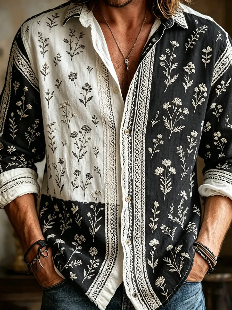 Herren-Retro-Shirt mit abstraktem Kunstprint, lässig, aus Baumwolle-Leinen-Mischgewebe-Mode & Komfort