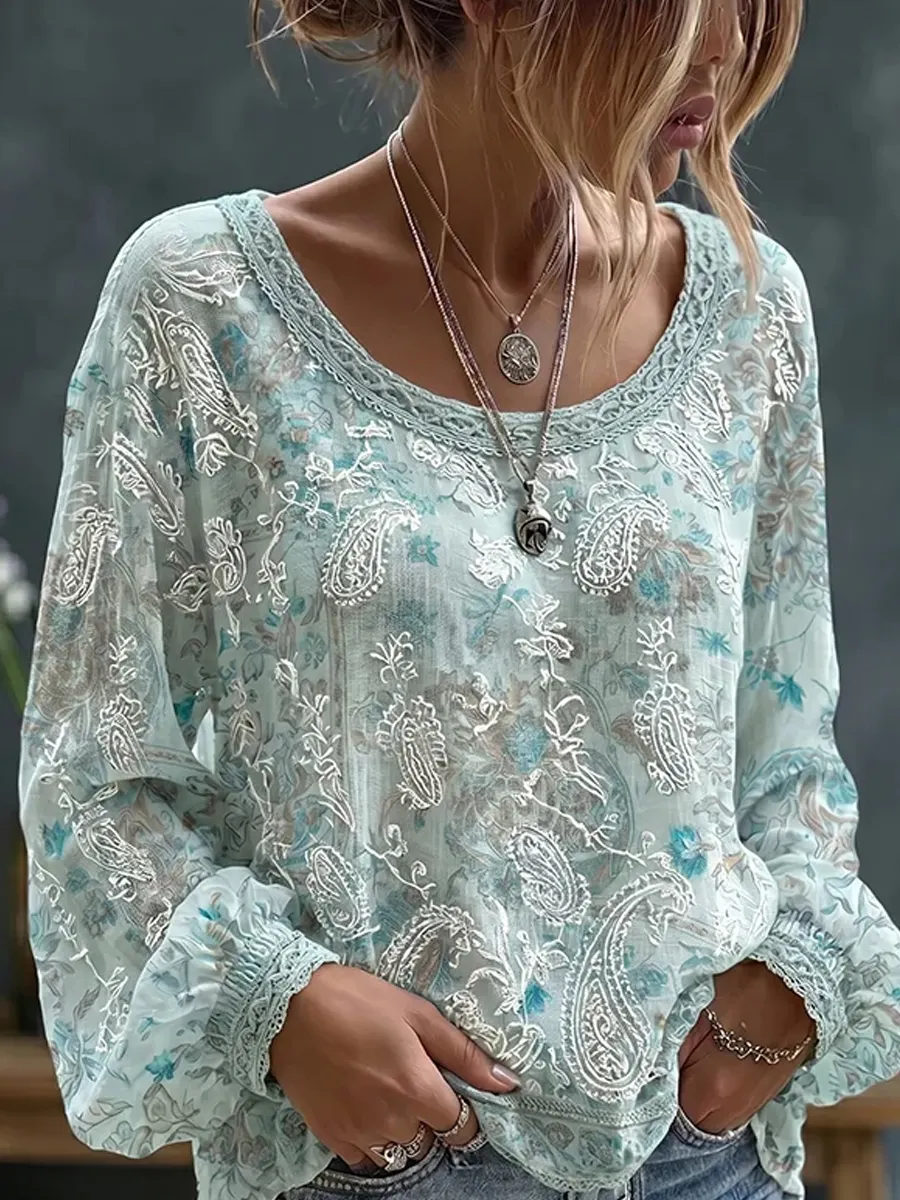 Damen-Top im Vintage-Stil mit floraler Kunstprint-Optik, aus Baumwolle und Leinen, lässig-Mode & Komfort
