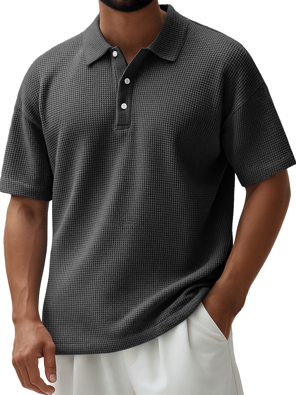 Herren Alltags Waffel Revers Knopfverschluss Freizeit Kurzarm Polohemd-deurabatt