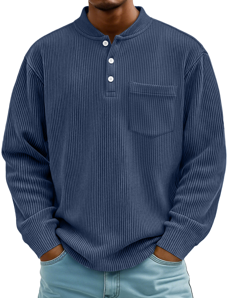 Herrenmode Ridge Stehkragen Knopf Freizeit Taschen Henley Shirt-deurabatt