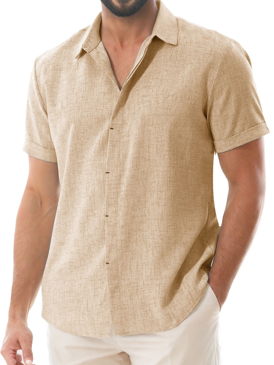 Herren Tägliches Lässiges Imitationsleinen Weites Kurzarm Hemd mit Revers-deurabatt