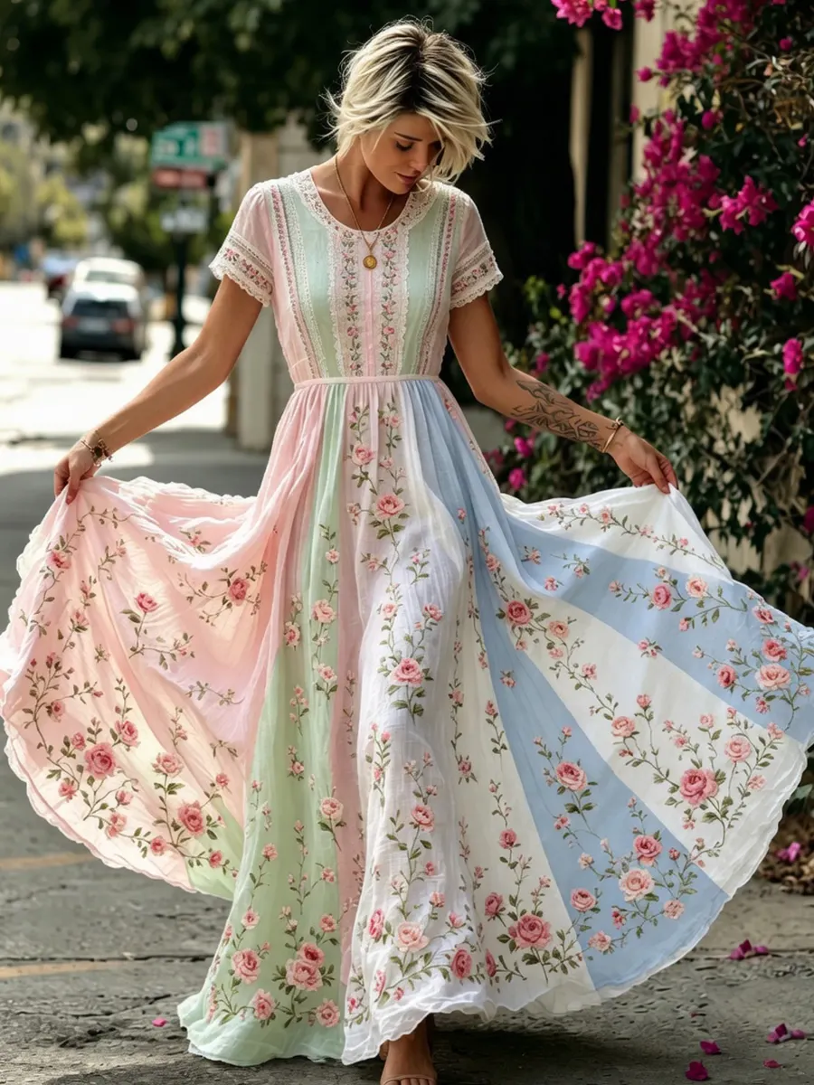 Damen-Boho-Floralstickerei Kunst Rundhalsausschnitt Kurzarm Midi-Kleid-Mode & Komfort
