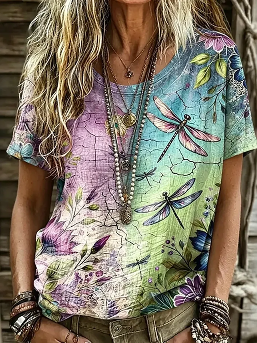 Damen-Top im Vintage-Stil mit floraler Kunstprint-Optik, aus Baumwolle und Leinen, lässig-Mode & Komfort