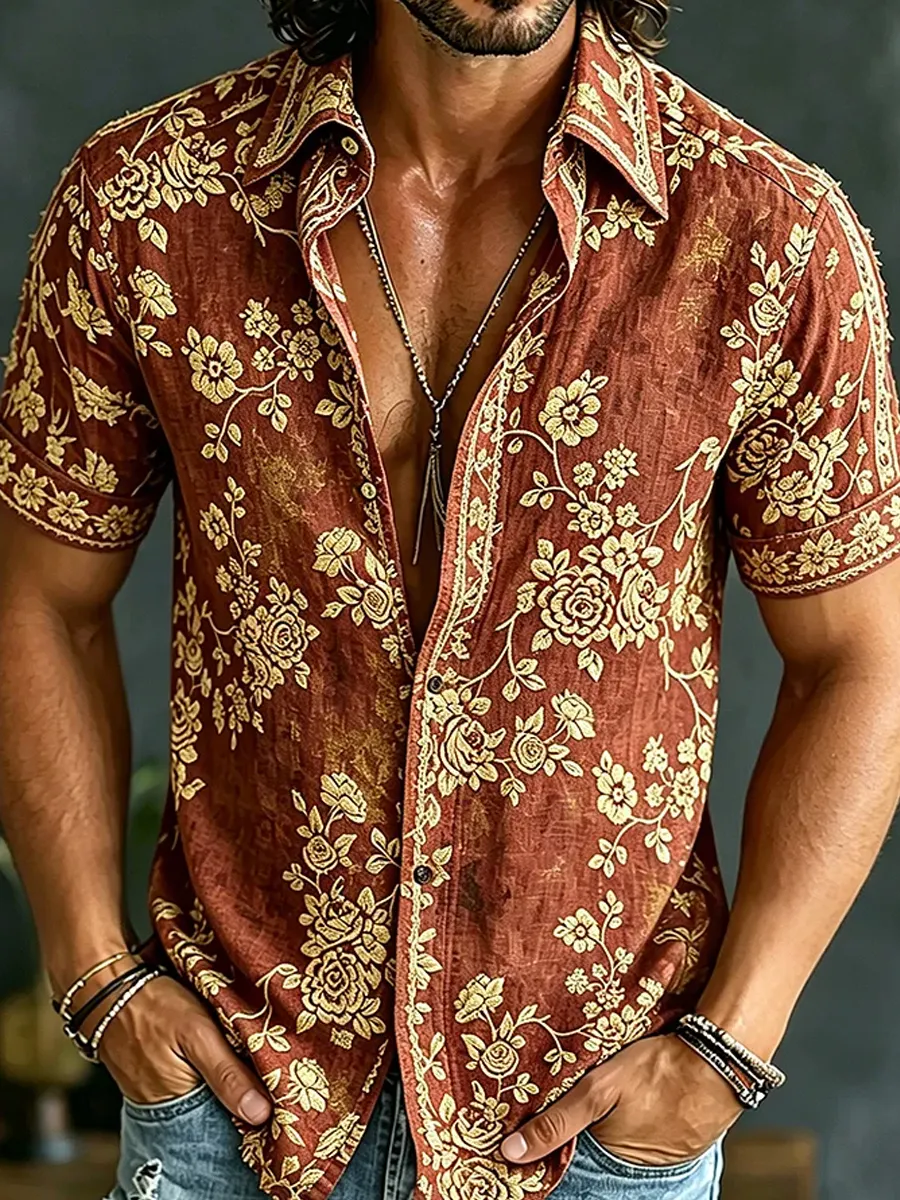 Herren-Retro-Shirt mit abstraktem Kunstprint, lässig, aus Baumwolle-Leinen-Mischgewebe-Mode & Komfort