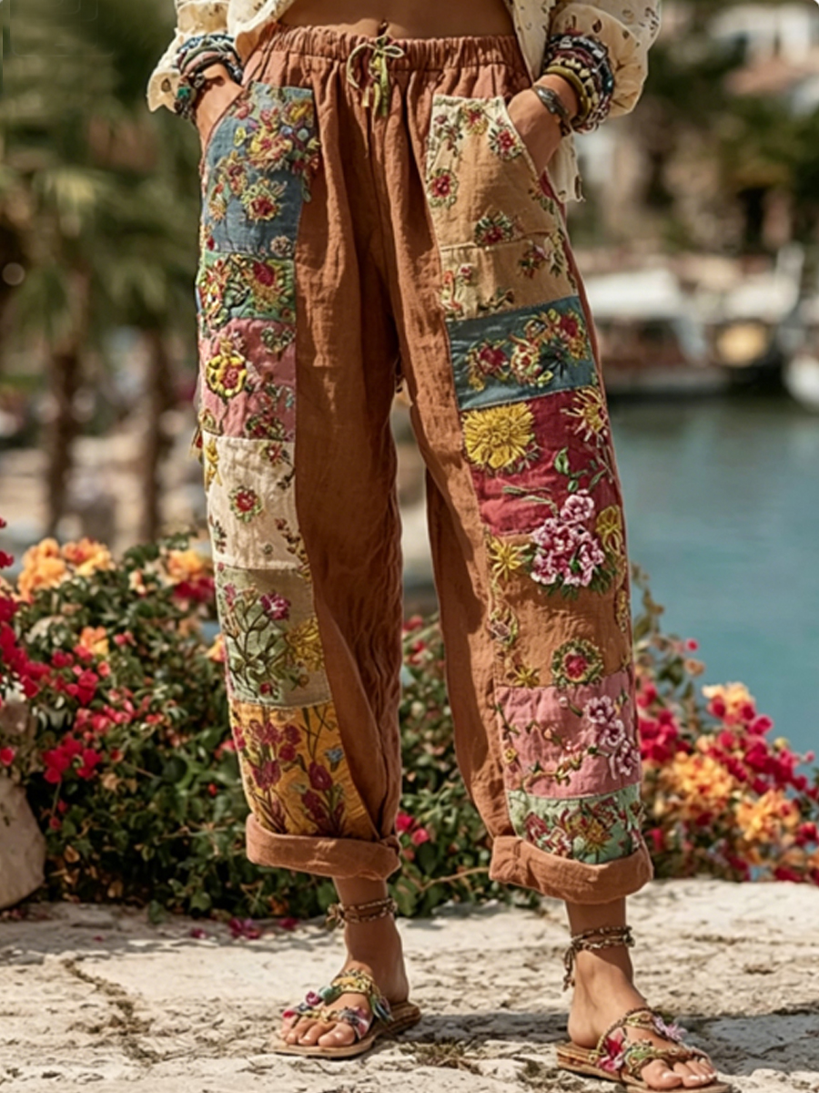 Damenhose im Boho-Stil mit floraler Stickerei, Kontrastfarben und Leinenanteil, lässig-Mode & Komfort