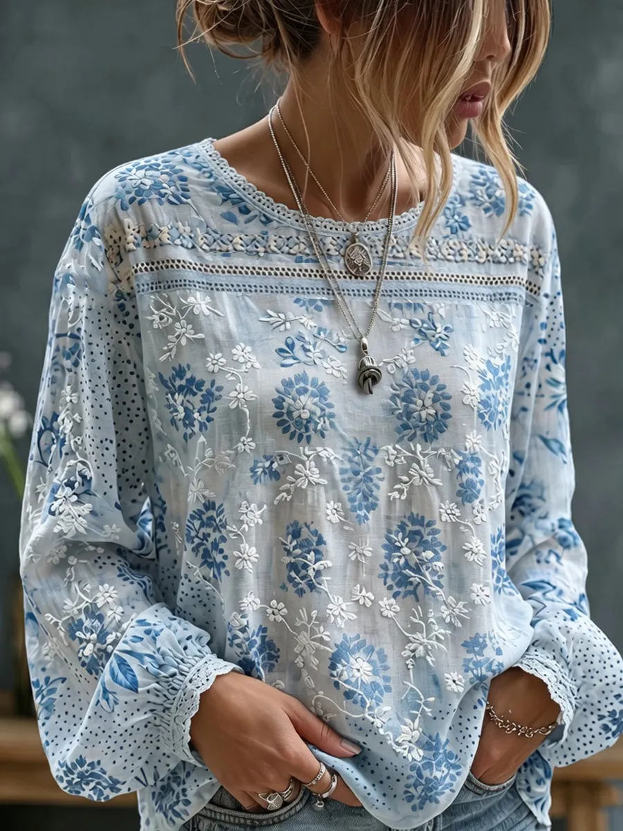Damen-Top im Vintage-Stil mit floraler Kunstprint-Optik, aus Baumwolle und Leinen, lässig-Mode & Komfort