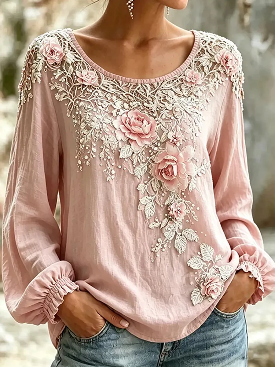 Retro floraler Kunstdruck lässiges Baumwoll-Leinen-Top-Mode & Komfort