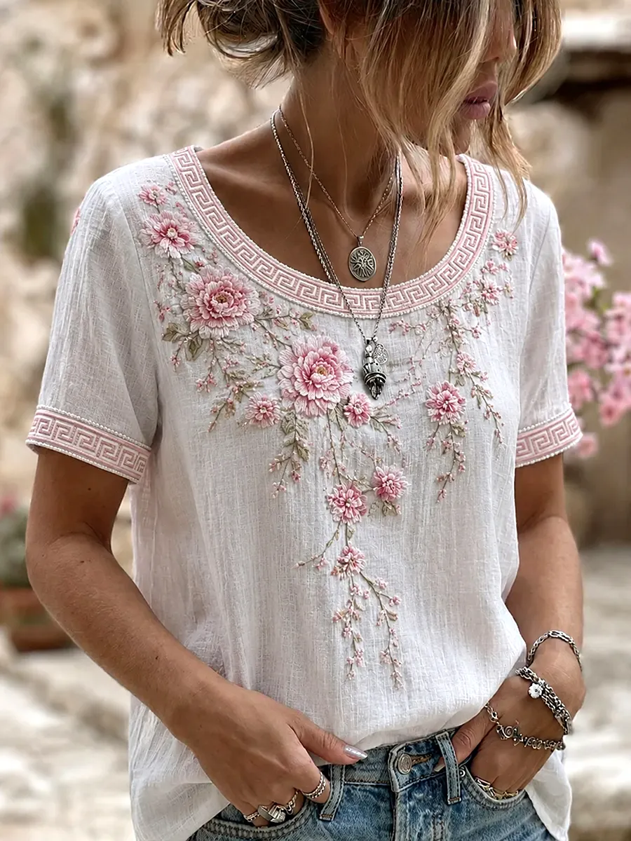 Damen-Top aus Baumwolle-Leinen im Vintage-Stil mit floraler Kunstprint-Optik-Mode & Komfort