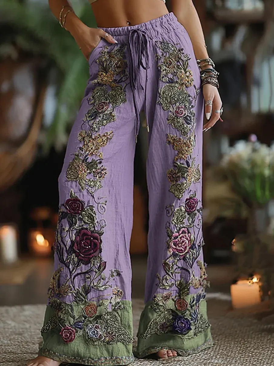 Retro Blumenkunstdruck Lässige Baumwoll-Leinen-Bequemhose-Mode & Komfort