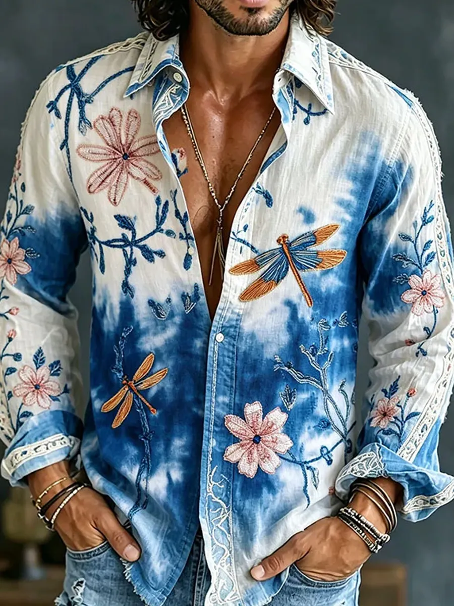 Herren-Retro-Shirt mit abstraktem Kunstprint, lässig, aus Baumwolle-Leinen-Mischgewebe-Mode & Komfort