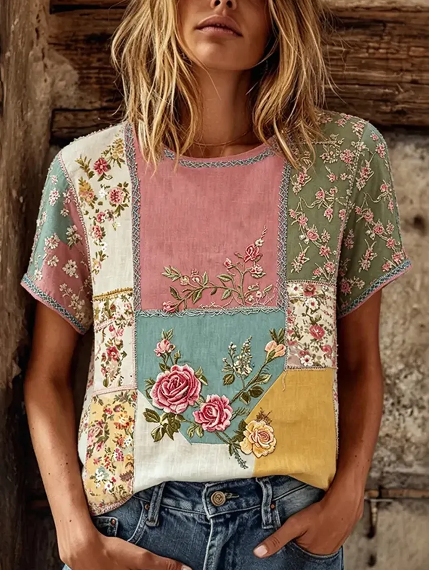 Damen-Top im Vintage-Stil mit floraler Kunstprint-Optik, aus Baumwolle und Leinen, lässig-Mode & Komfort