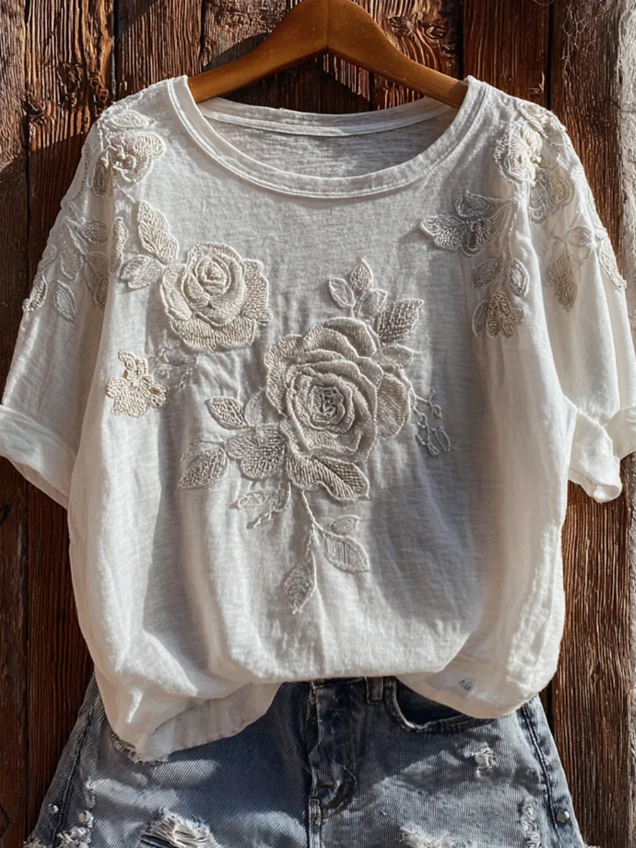 Retro Blumenkunstdruck Lässiges & bequemes T-Shirt-Mode & Komfort