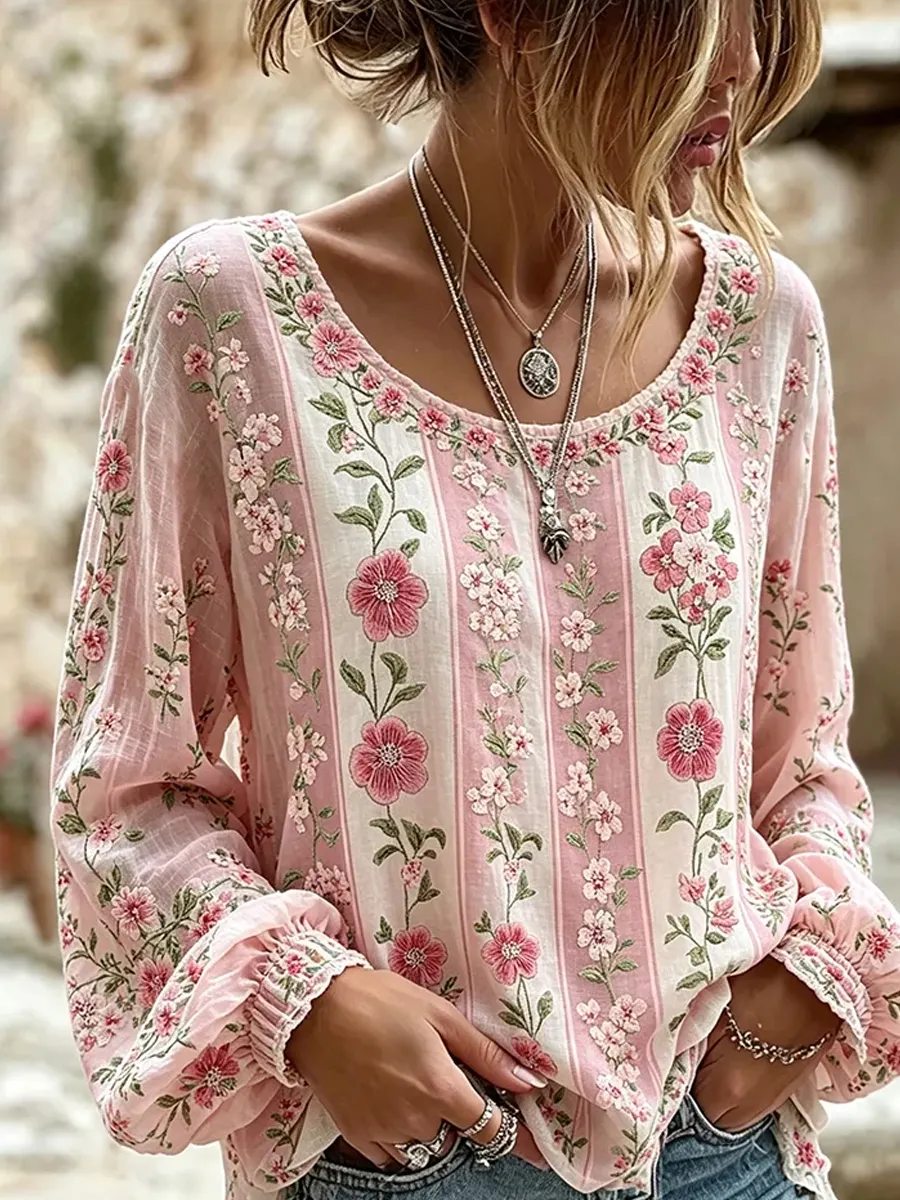 Damen-Top im Vintage-Stil mit floraler Kunstprint-Optik, aus Baumwolle und Leinen, lässig-Mode & Komfort