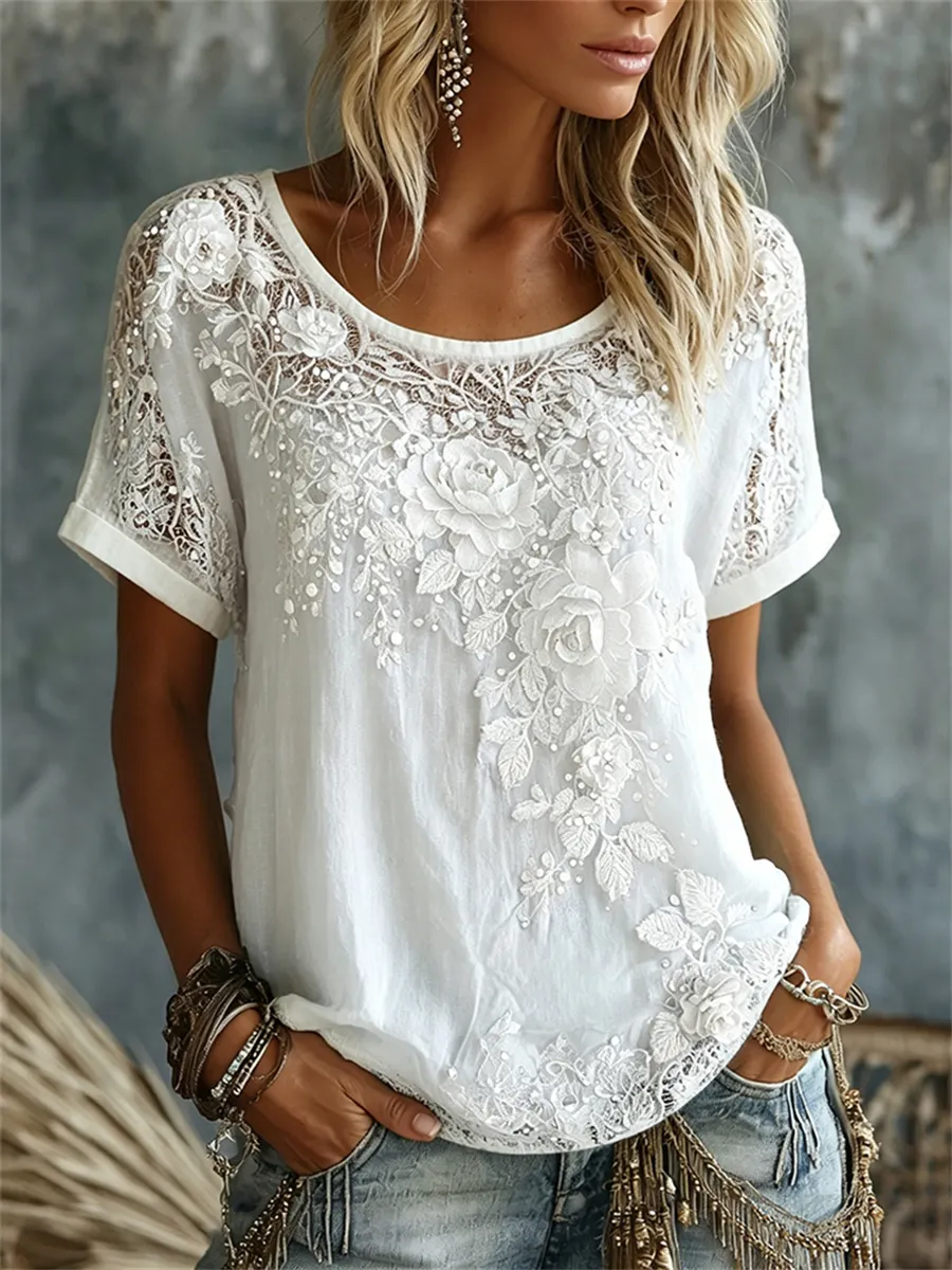 Damen-T-Shirt aus Leinen mit edlem Blumenkunstdruck und kurzen Ärmeln-Mode & Komfort
