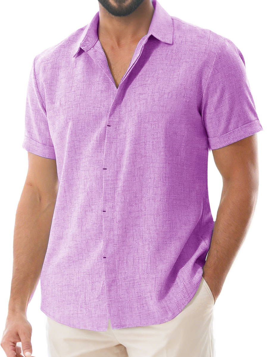 Herren Tägliches Lässiges Imitationsleinen Weites Kurzarm Hemd mit Revers-deurabatt