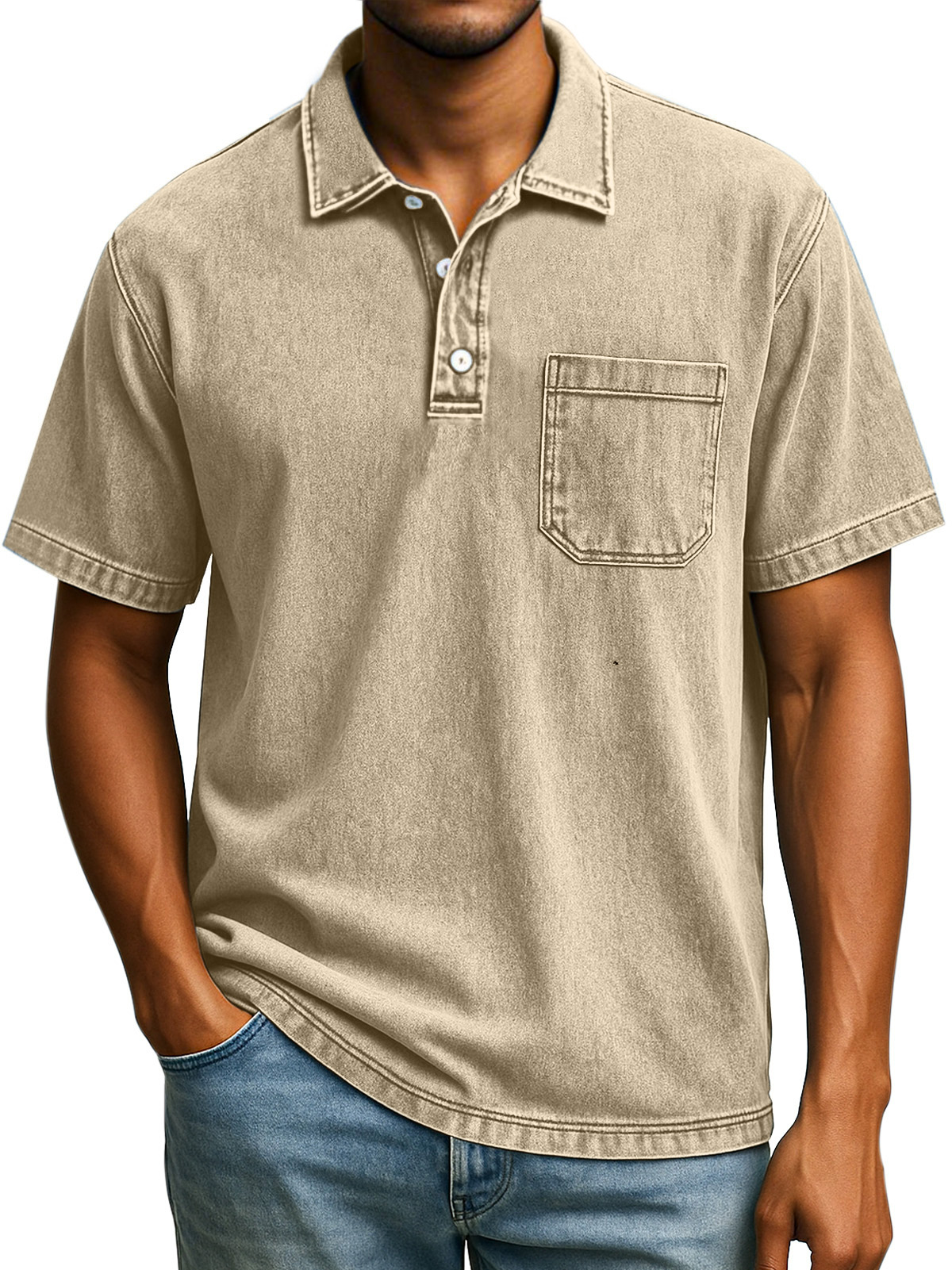 Herren Retro Einfarbig Bequem Locker Revers Knopf Kurzarm Polohemd-deurabatt