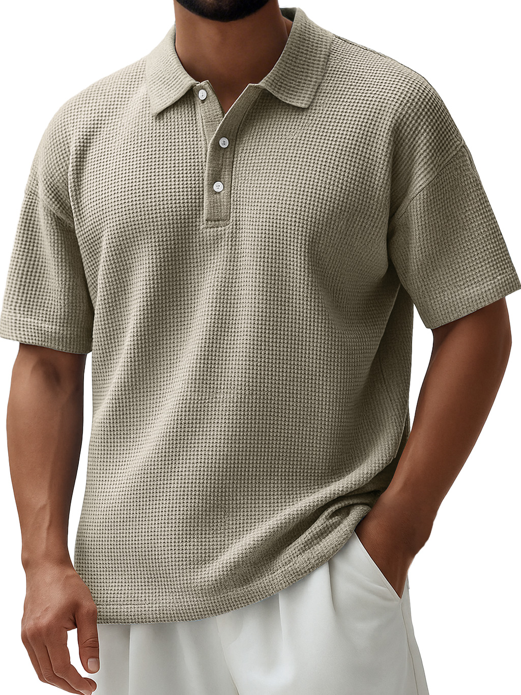 Herren Alltags Waffel Revers Knopfverschluss Freizeit Kurzarm Polohemd-deurabatt