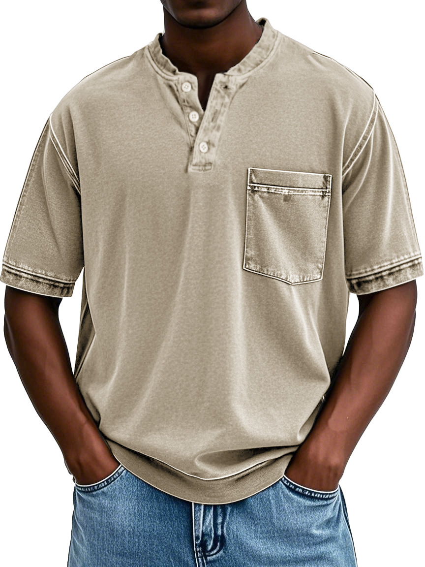 Herrenmode Retro Rundhals Tasche Kurzarm Henley Shirt-deurabatt