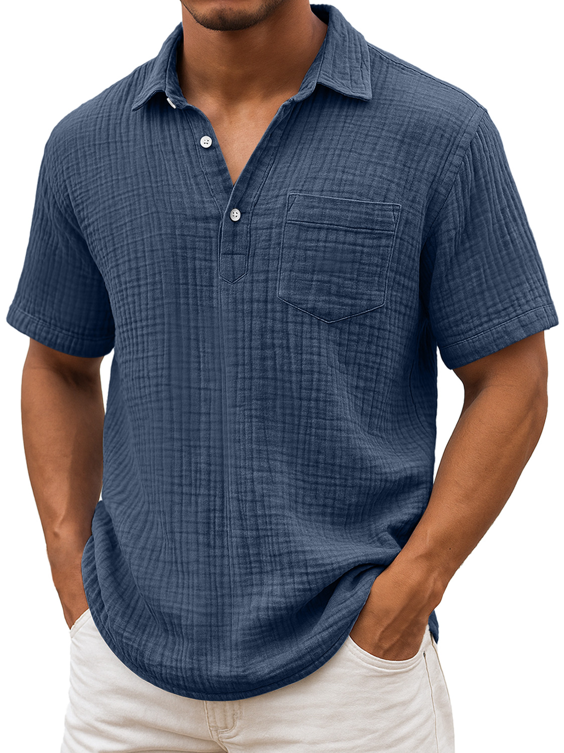 Herren Daily Plissee Textur Revers Freizeit Tasche Bequem Kurzarm POLO Hemd-deurabatt