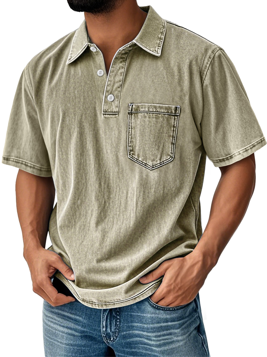 Herren Retro Alltag Kragen Tasche Casual Kurzarm POLO Hemd-deurabatt