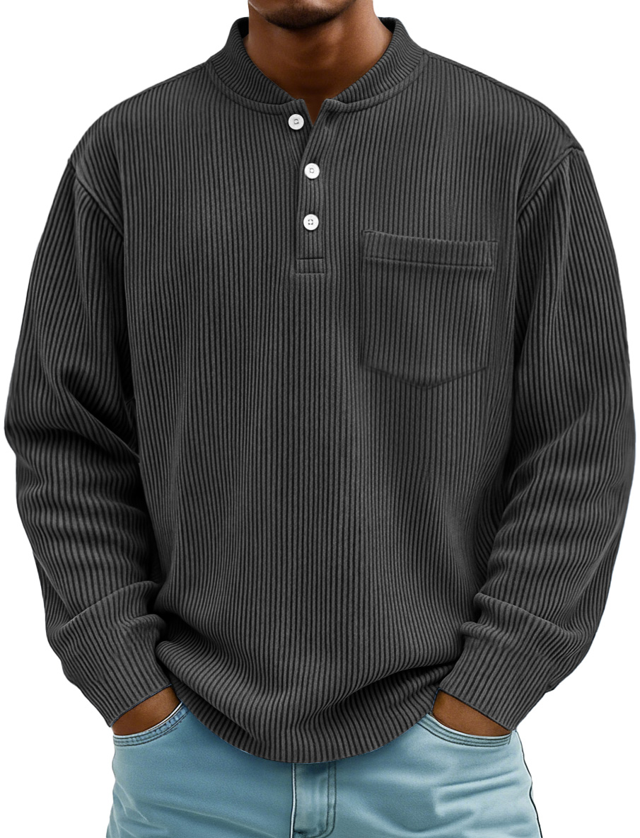 Herrenmode Ridge Stehkragen Knopf Freizeit Taschen Henley Shirt-deurabatt
