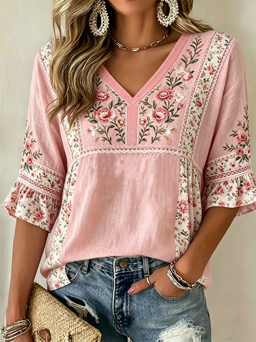 Damen-T-Shirt mit Blumenmuster, mittellangen Ärmeln und V-Ausschnitt-Mode & Komfort
