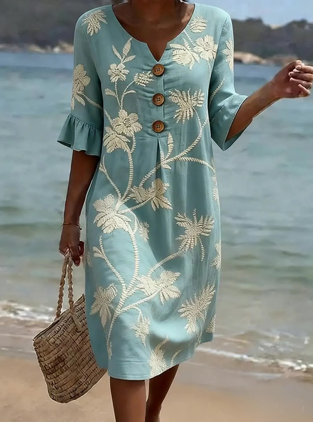 Lässiges Baumwollkleid im Vintage-Stil mit Blumenmuster für Damen, mit Knopfleiste