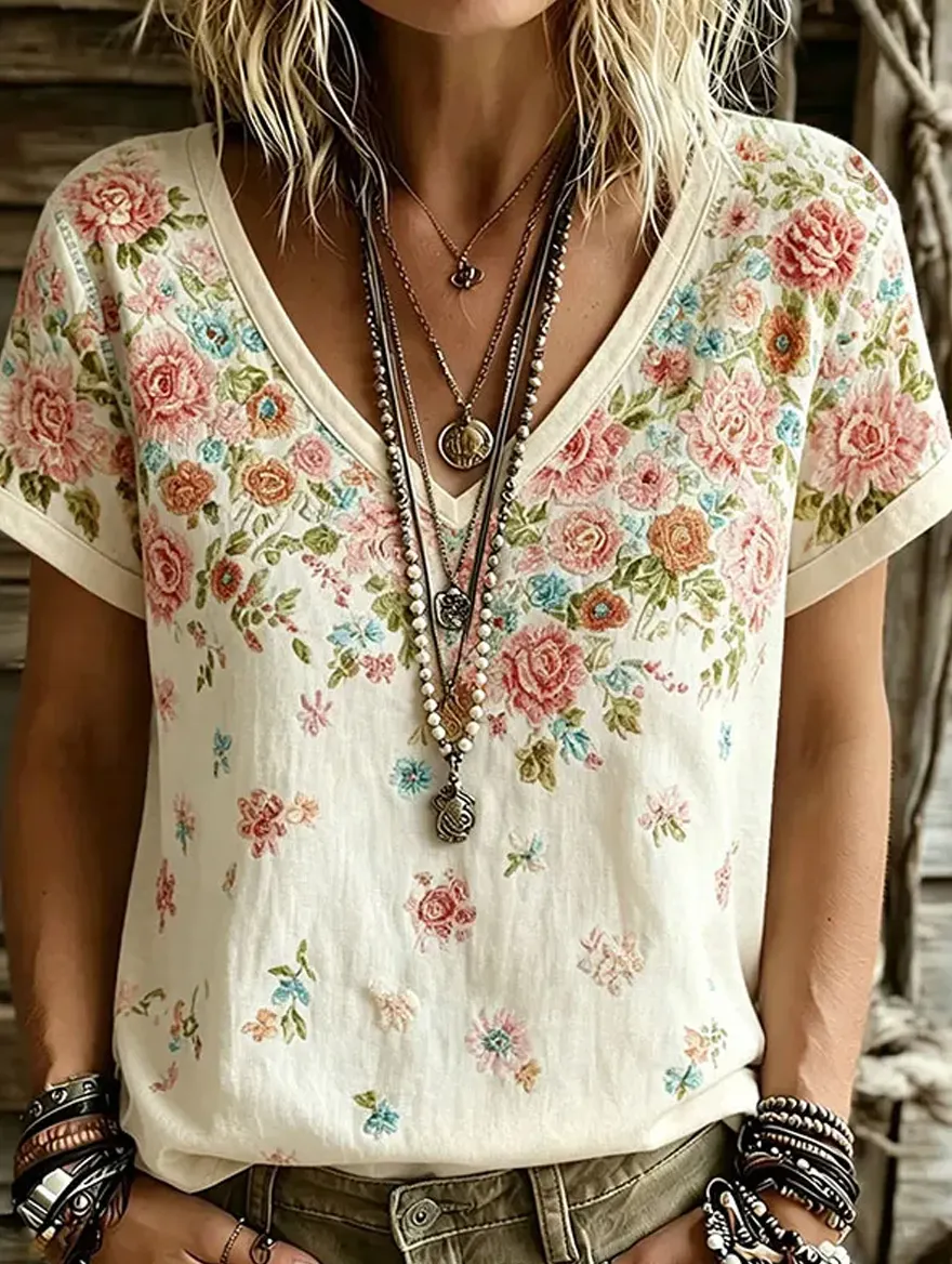 Damen-Top im Vintage-Stil mit floraler Kunstprint-Optik, aus Baumwolle und Leinen, lässig-Mode & Komfort