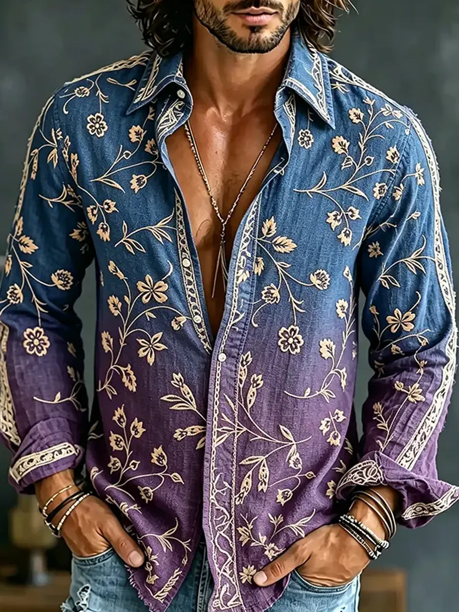 Herren-Retro-Shirt mit abstraktem Kunstprint, lässig, aus Baumwolle-Leinen-Mischgewebe-Mode & Komfort