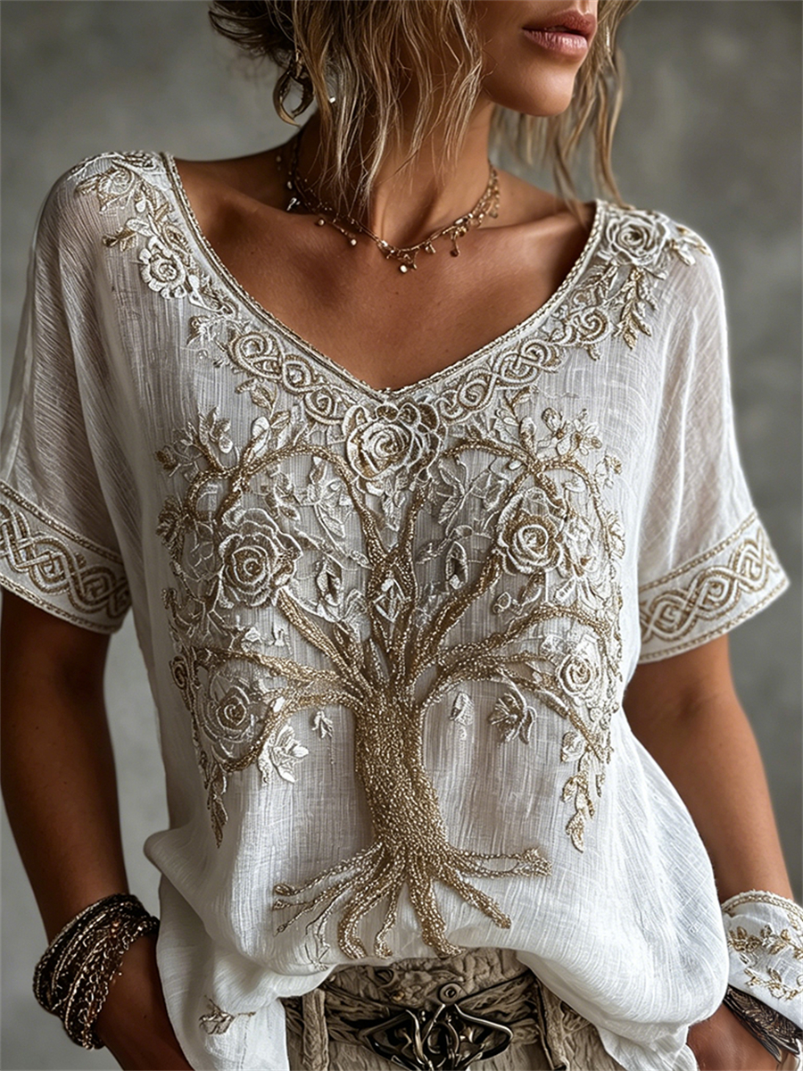 Damen-Vintage-T-Shirt mit Wikinger-Lebensbaum, Rosen und keltischem Muster aus Leinen, kurzärmelig-Mode & Komfort