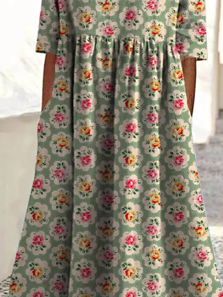 Damen Vintage Hübsches Floral Kunst Druck Tasche Baumwolle Kleid-Mode & Komfort
