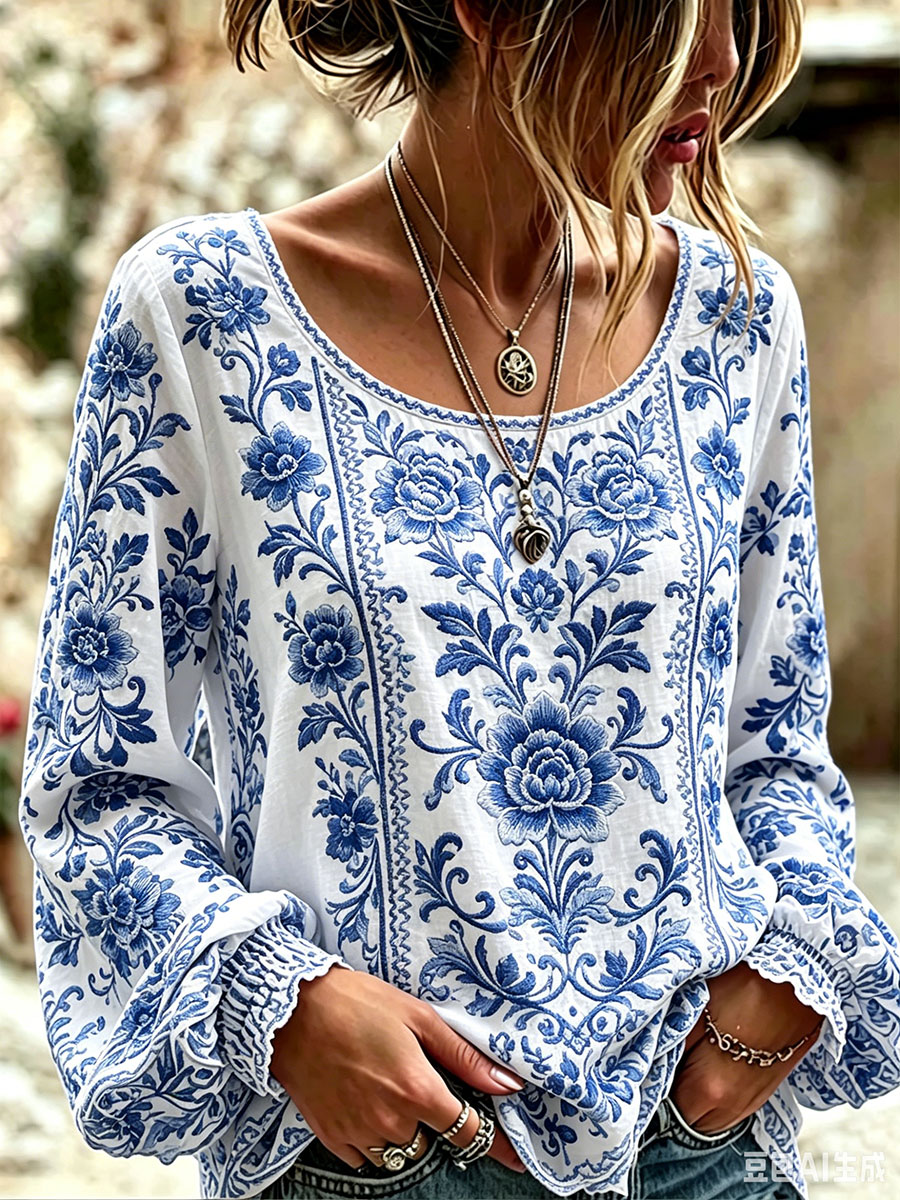 Damen-T-Shirt in Blau und Weiß mit Blumenmuster, lässiger Stil-Mode & Komfort